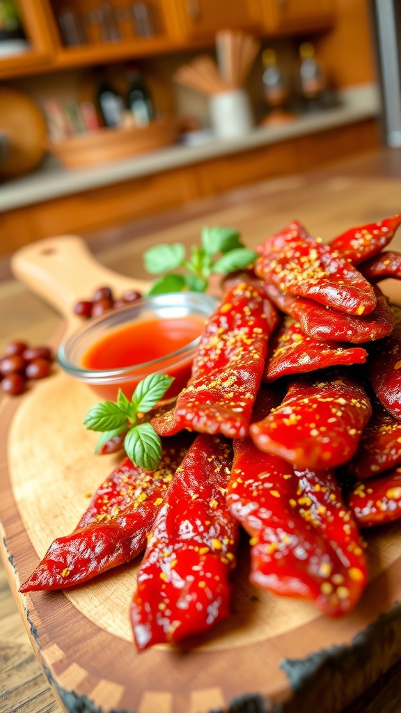 Close-up of spicy pork jerky on a wooden board with a bowl of dipping sauce.